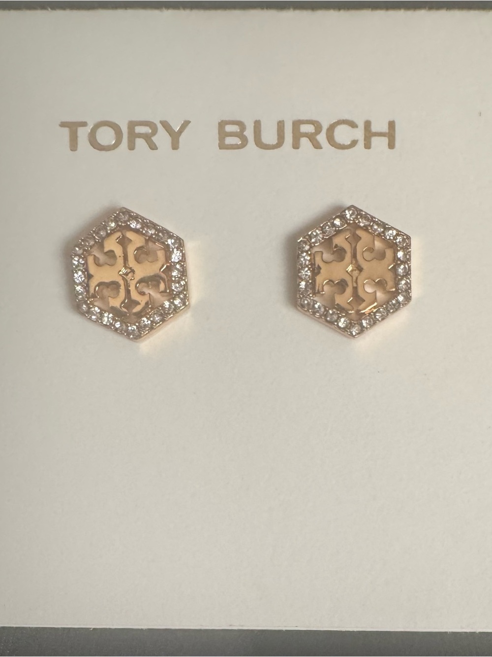 Tory Burch Gold-tone Hexagon Logo Crystal Frame Stud Earrings